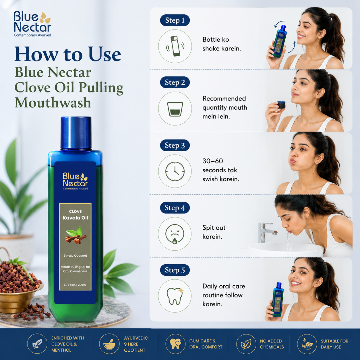 How to Use Blue Nectar Clove Oil Pulling Mouthwash