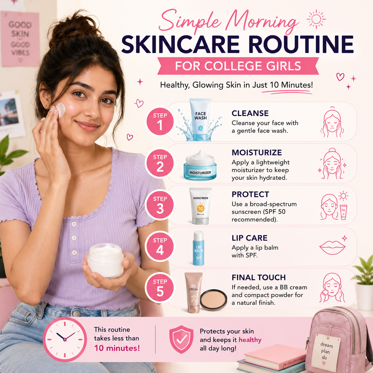 🌸 Simple Morning Skincare Routine for College Girls